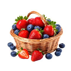 strawberries and blueberries in a basket isolated on a transparent  background 