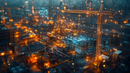 Naklejka premium Night time aerial view of a construction site with crane and lights.