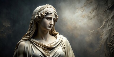 Obraz premium Ancient marble statue of a serene goddess with elegant drapery and intricate details, set against a muted backdrop,