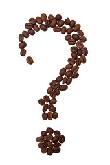 Coffee beans in shape of a question mark on a white background, isolated.