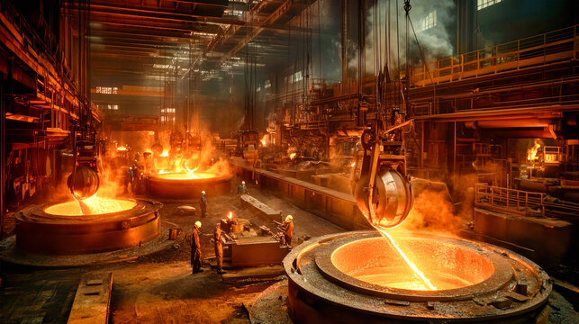 Molten iron flows from cauldrons into massive round containers, illuminating the foundry with a warm glow as skilled workers navigate the hot, explosive environment