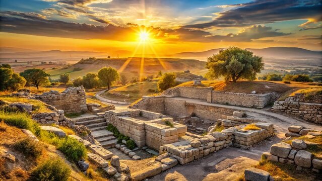 Ancient stone walls and crumbling temples rise from the dusty earth, surrounded by a vast, sun-baked landscape in the legendary city of Troy.