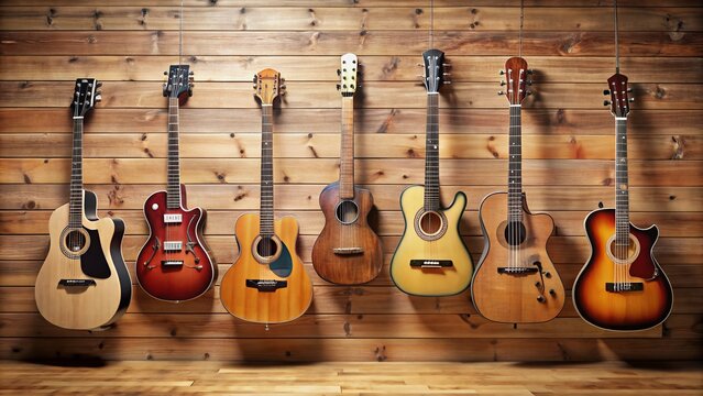 Assorted guitars of different shapes, sizes, and styles, including acoustic, electric, classical, and bass, hang from wall hooks or lay on a wooden floor.