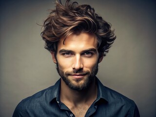 Obraz premium Attractive young male with stylishly messy, textured hair, groomed beard, and piercing brown eyes, confidently posing