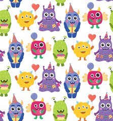 Cute party monsters seamless pattern. Colorful backdrop with different birthday characters	