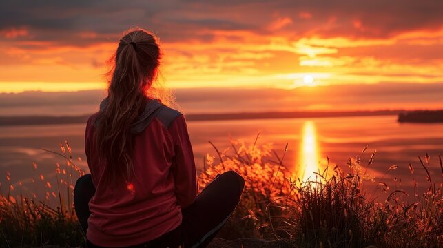 Young woman watching a sunset over the sea