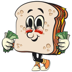 sandwich bread cartoon character mascot retro vector design  carrying money, work of hand drawn