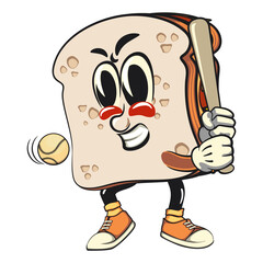 sandwich bread cartoon character mascot retro vector design playing baseball ready to hit the ball with the bat,  work of hand drawn