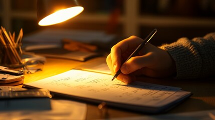 A hand writes in a notebook under a desk lamp.