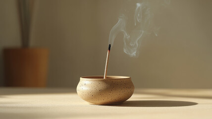 Burning incense stick in a bowl with smoke rising