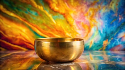 Fototapeta premium Golden singing bowl placed on a colorful marble Sound therapy embodying a sense of calm serenity and mindfulness Silhouette, sound therapy, calm, singing bowl, colorful marble