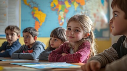 Children learning geography with maps on the blackboard, at school.