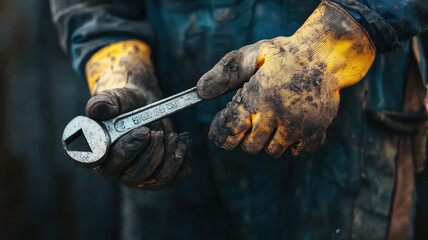 Dirty hands of construction worker holding wrench, showcasing hard work and dedication