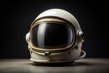 Fototapeta premium antique, cosplay, isolated, silhouette, headgear, astronaut costume, future, science, protective gear, White vintage astronaut helmet isolated on black background Silhouette