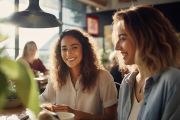 Two colleagues share a productive and friendly moment while reviewing papers in an airy, light-filled office space full of greenery. - Powered by Adobe