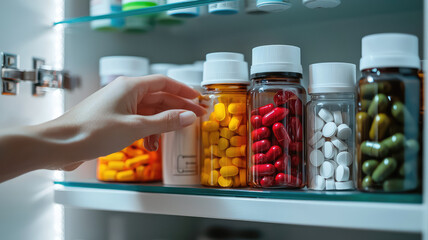 A hand reaching for colorful medicine bottles in cabinet