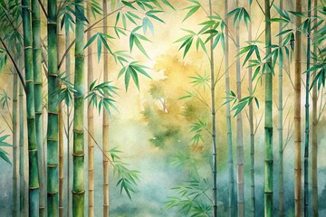 A detailed close up of a watercolor painting capturing the tranquility of a bamboo forest surrounded by a vintage pastel nature pattern background, tranquility, close-up,watercolor painting