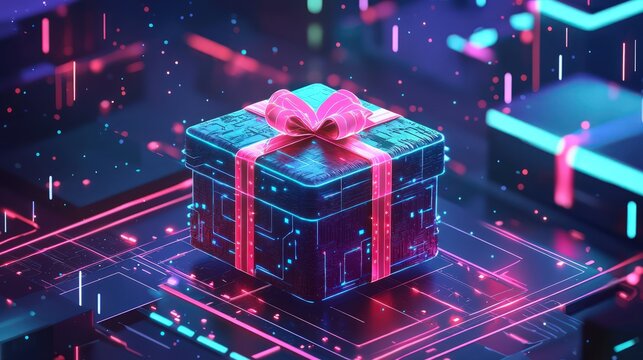 A detailed cyber gift box illustrated with futuristic elements and vibrant colors, representing digital gifting and AI technology. - Powered by Adobe