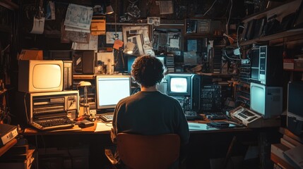 Obraz premium Hacker Working in Dark Room Surrounded by Vintage Tech Screens and Circuit Boards in a Retro Cyberpunk Setting