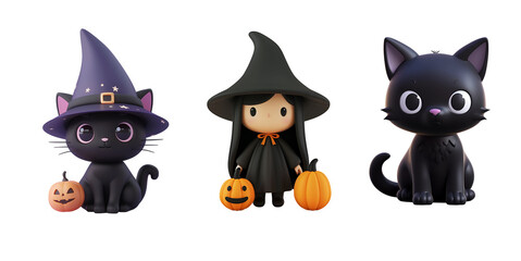 Fototapeta premium Kids’ Halloween Party: Witch and Black Cat 3D Character in a Cute, Funny Cartoon Illustration, Isolated on Transparent Background, PNG