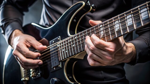Close-up of a guitarist's hands playing a F major scale on a shiny black electric guitar with fretboard and strings in sharp focus.
