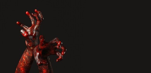Hands of zombie on black background with space for text. Halloween celebration
