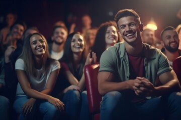 Fototapeta premium A lively, joyful crowd enjoys a performance, with smiling faces and laughter filling the vibrant atmosphere.