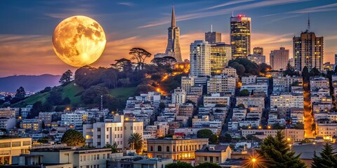 city lights, landmark, night, majestic, lunar, skyline, A stunning view of the SuperMoon rising...