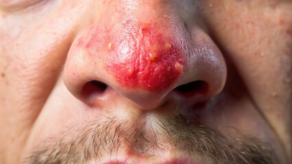 Fototapeta premium Close-up view of a nostril with red, inflamed, and crusty sores, showcasing the discomfort and pain of nasal irritation and potential infection.