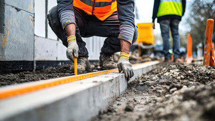 A construction worker in reflective vest measures ground with precision
