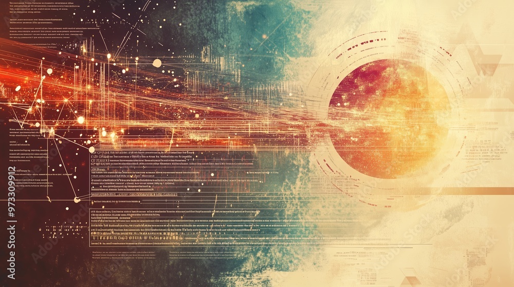 Poster abstract visualization of digital data flow and cosmic elements depicting the fusion of technology a