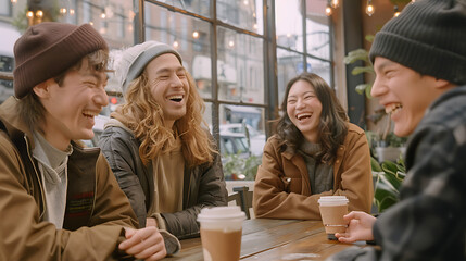 Four friends laughing and enjoying coffee together in a cafe.