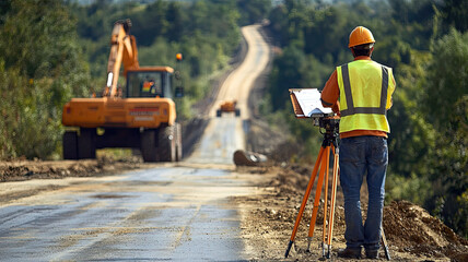 Construction worker surveying road with heavy machinery in background