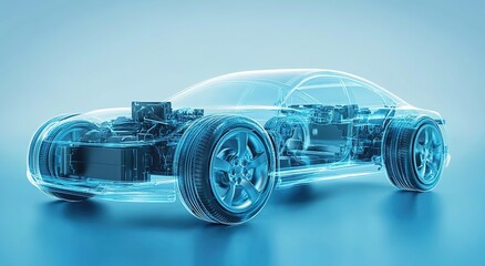 An electric car's transparent body with a visible engine and battery, showcasing the internal structure of an eco-friendly vehicle.