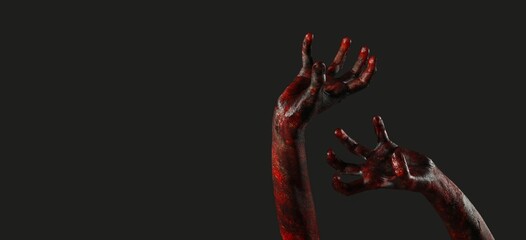 Hands of zombie on black background with space for text. Halloween celebration