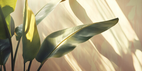 Abstract wallpaper with exotic tropical green leaves on pastel colored wall background with copy space. Authentic backdrop.