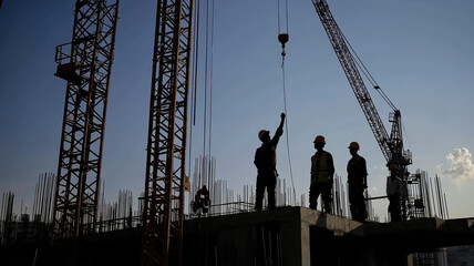 Construction workers silhouetted against sunset, working on skyscraper