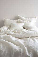 Obraz premium Cozy unmade bed with scattered pillows and blanket. Light neutral colors, blank wall background. Atmosphere of coziness and relaxation