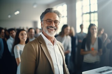 Fototapeta premium A smiling elderly man stands confidently in a crowd, radiating leadership and contentment, surrounded by a supportive audience.
