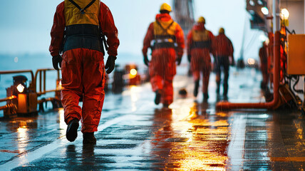 Workers in orange rain gear walk on wet oil platform deck, preparing for tasks