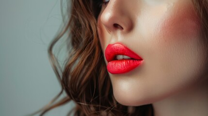 Obraz premium Trendy woman presenting her vibrant lips Contemporary fashion and makeup style Close-up photo with clean background
