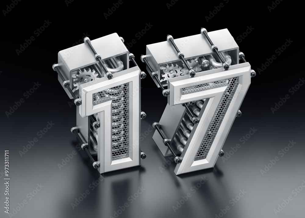 Poster the number seventeen. 3d digits designed in a modern steampunk style and composed together to the nu