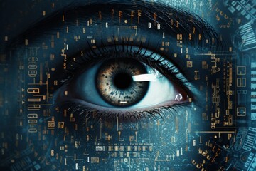 A human eye surrounded by digital codes and patterns, reflecting technological and artificial intelligence themes.