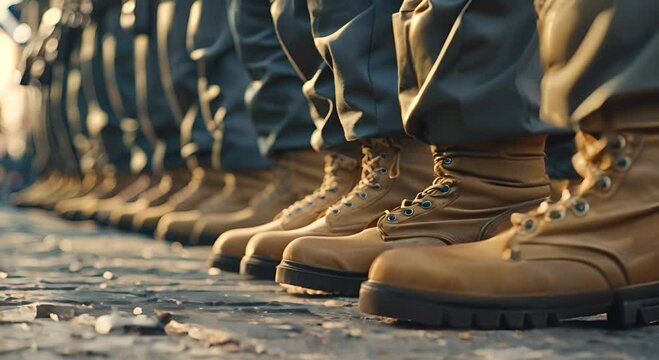Close-up of a row of military boots with gold eyelets
