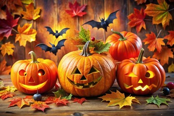 Colorful Halloween illustration featuring smiling jack-o'-lanterns, bats, and spiders, surrounded by festive fall
