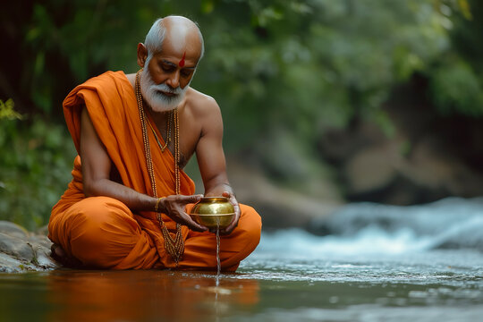An Indian pandit performs a Pitru Paksha ritual, pouring water from a vessel into the river.