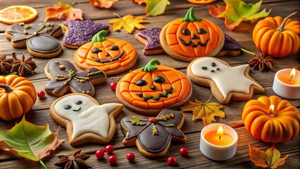 Colorful Halloween-themed sugar cookies decorated with jack-o-lanterns, ghosts, bats, and spider webs, arranged on a rustic wooden table with autumnal leaves and candles.