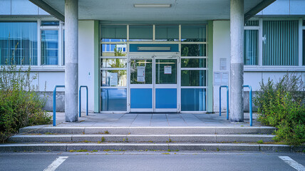 A small community clinic building entrance with welcoming atmosphere
