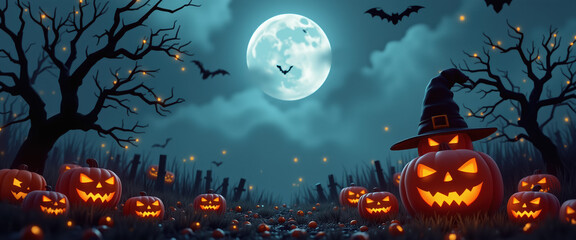 Fototapeta premium Spooky Halloween Jack-O-Lanterns with Witch Hat and Full Moon and Dark Night