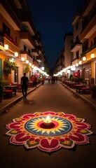 Naklejka premium A vibrant Diwali scene featuring a beautifully crafted rangoli design illuminated by soft street lights, creating a festive atmosphere in an urban setting.